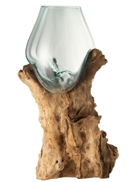 J-Line - Gamal Foot Vase - Wood / Natural Recycled Glass
