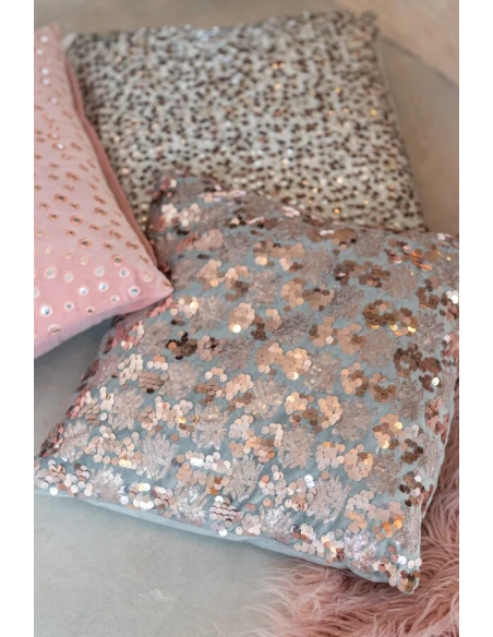 J-Line - Cuscino Paillette Velluto - Grigio / Rosa