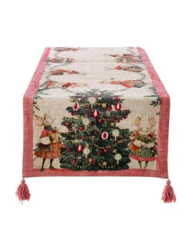 Blanc MariClò - Printed and Embroidered Table Runner with Tassels - Christmas Fairy Tale