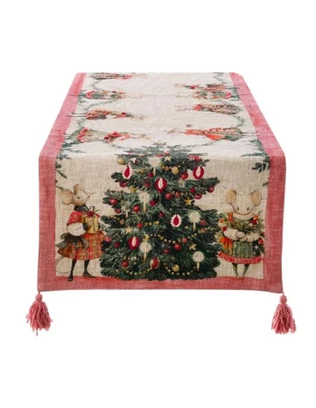 Blanc MariClò - Printed and Embroidered Table Runner with Tassels - Christmas Fairy Tale