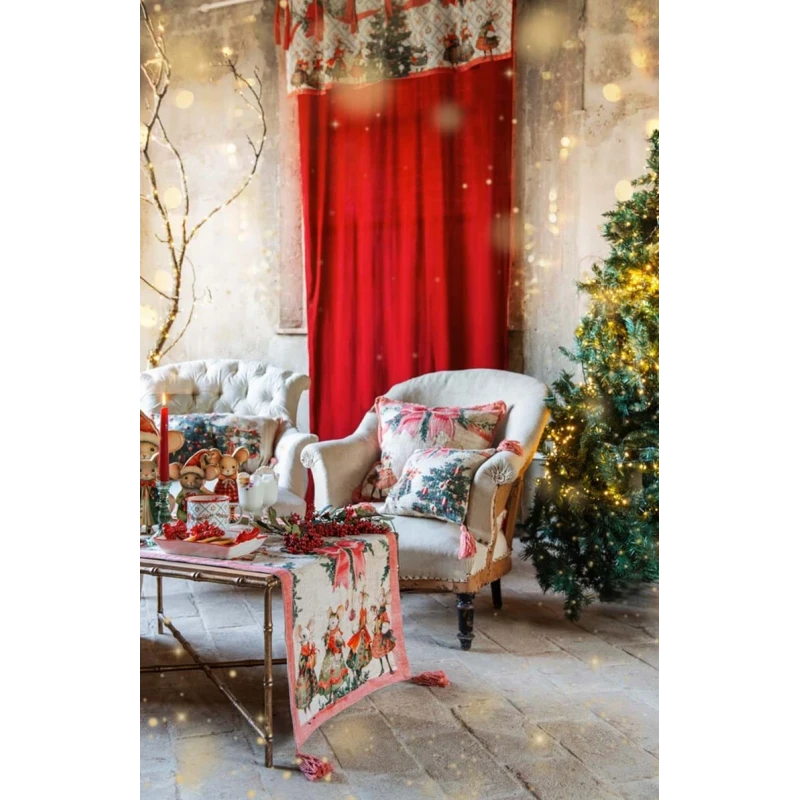 Blanc MariClò - Printed and Embroidered Table Runner with Tassels - Christmas Fairy Tale